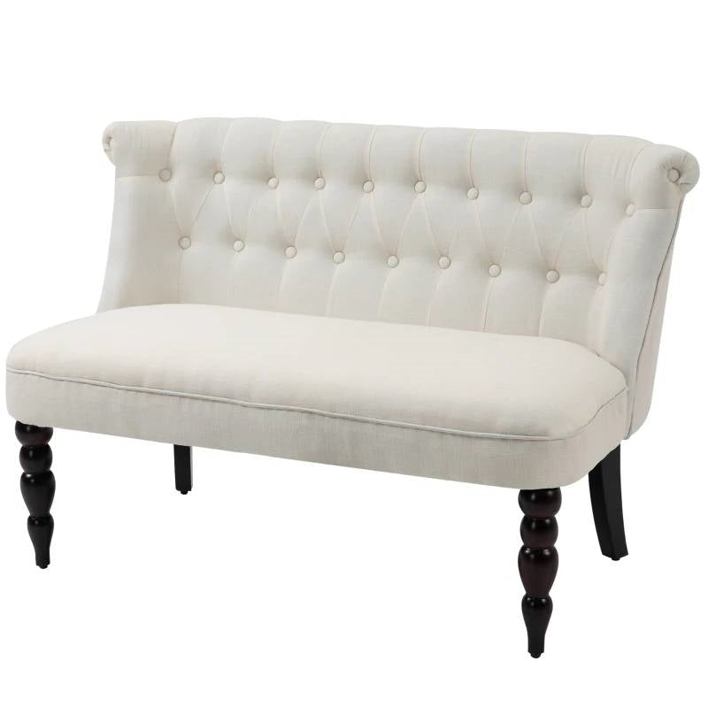 Scandinavian 2 Seater Button Tufted Loveseat Wooden Legs Cream White Linen — Chic Home-Decor