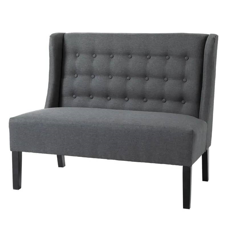Scandinavian 2 Seater Button Tufted Loveseat Wooden Legs Gray Linen — Chic Home-Decor