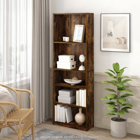 71-inch Tall 5-Shelf Bookcase in Medium Brown Wood Finish — Chic Home-Decor