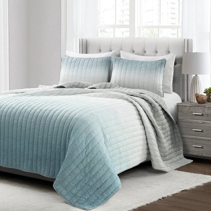 Full/Queen Aqua Blue and Grey Lightweight Polyester Fabric 3 Piece Quilt Set — Chic Home-Decor