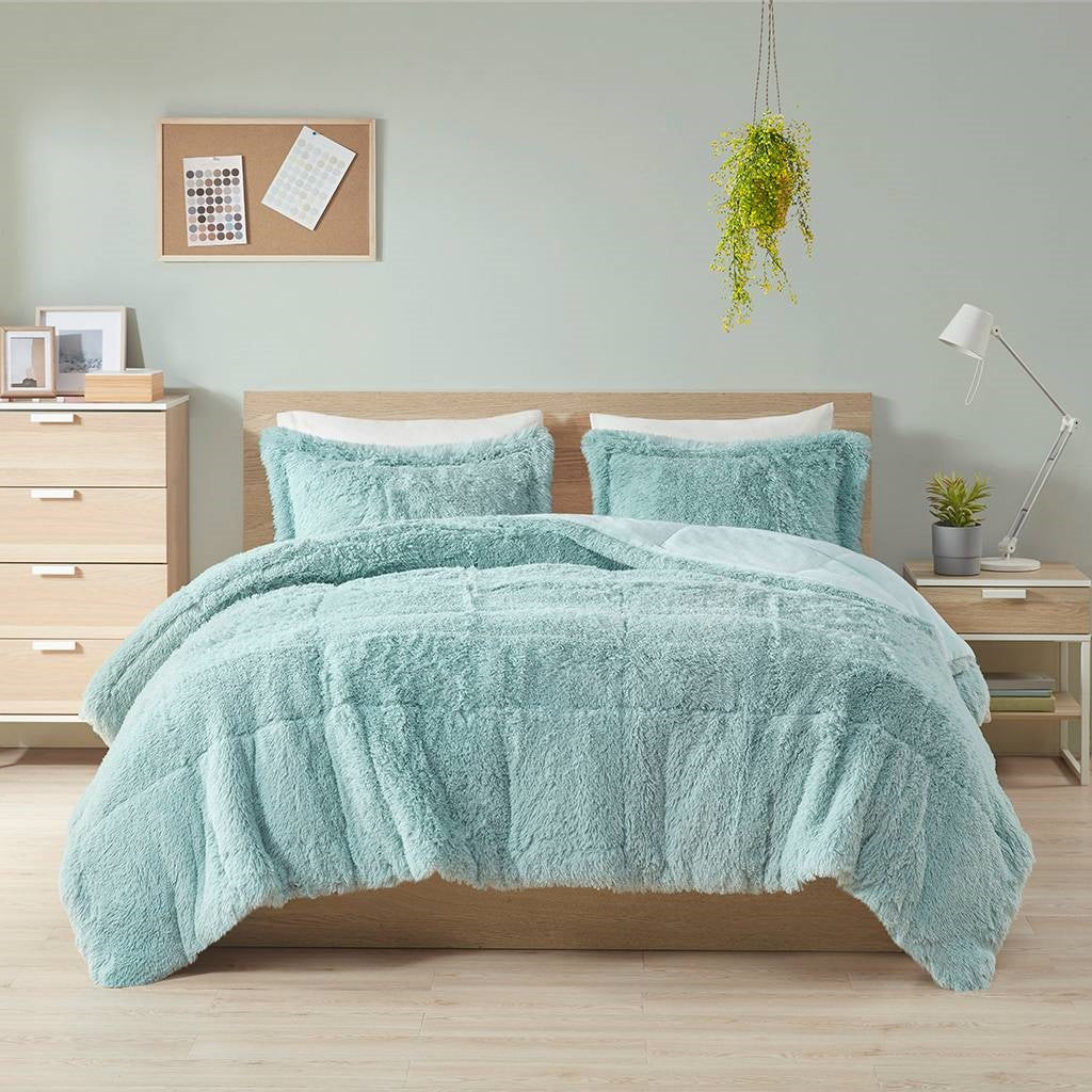 Full/Queen Soft Sherpa Faux Fur 3-Piece Comforter Set in Light Teal Blue — Chic Home-Decor