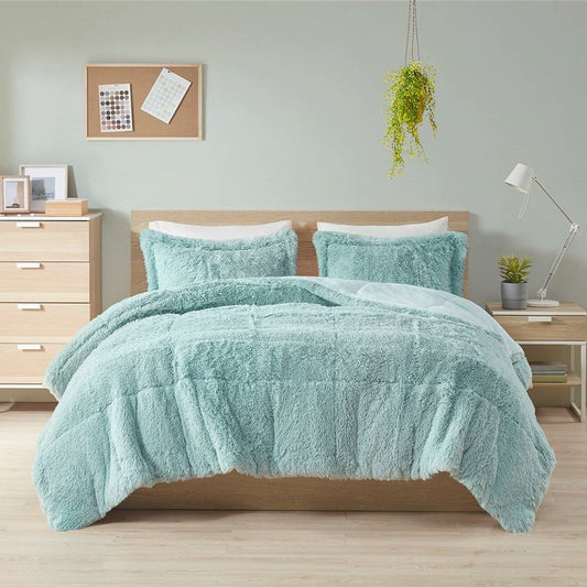 Full/Queen Soft Sherpa Faux Fur 3-Piece Comforter Set in Light Teal Blue — Chic Home-Decor