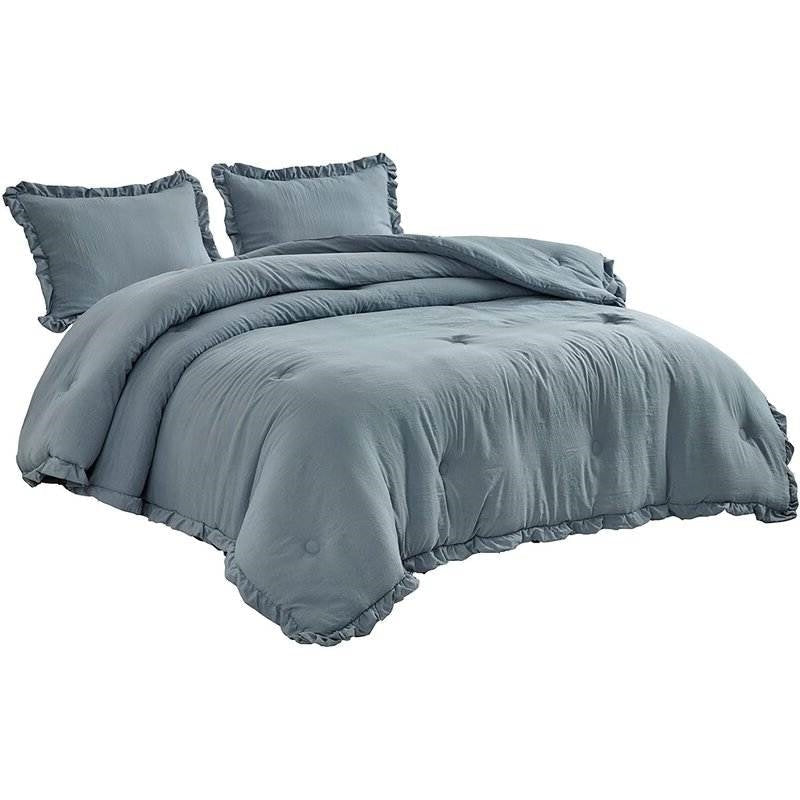 Queen Oversized Blue Ruffled Edge Microfiber Comforter Set — Chic Home-Decor