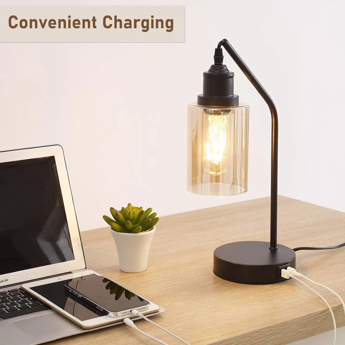 Set of 2 - Classic Black Edison-Style Dimmable USB Table Lamp with LED Bulbs