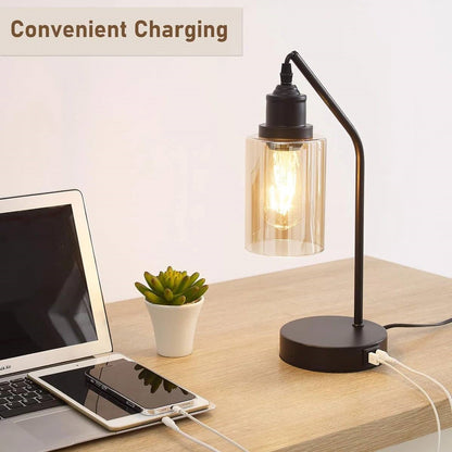 Set of 2 - Classic Black Edison-Style Dimmable USB Table Lamp with LED Bulbs