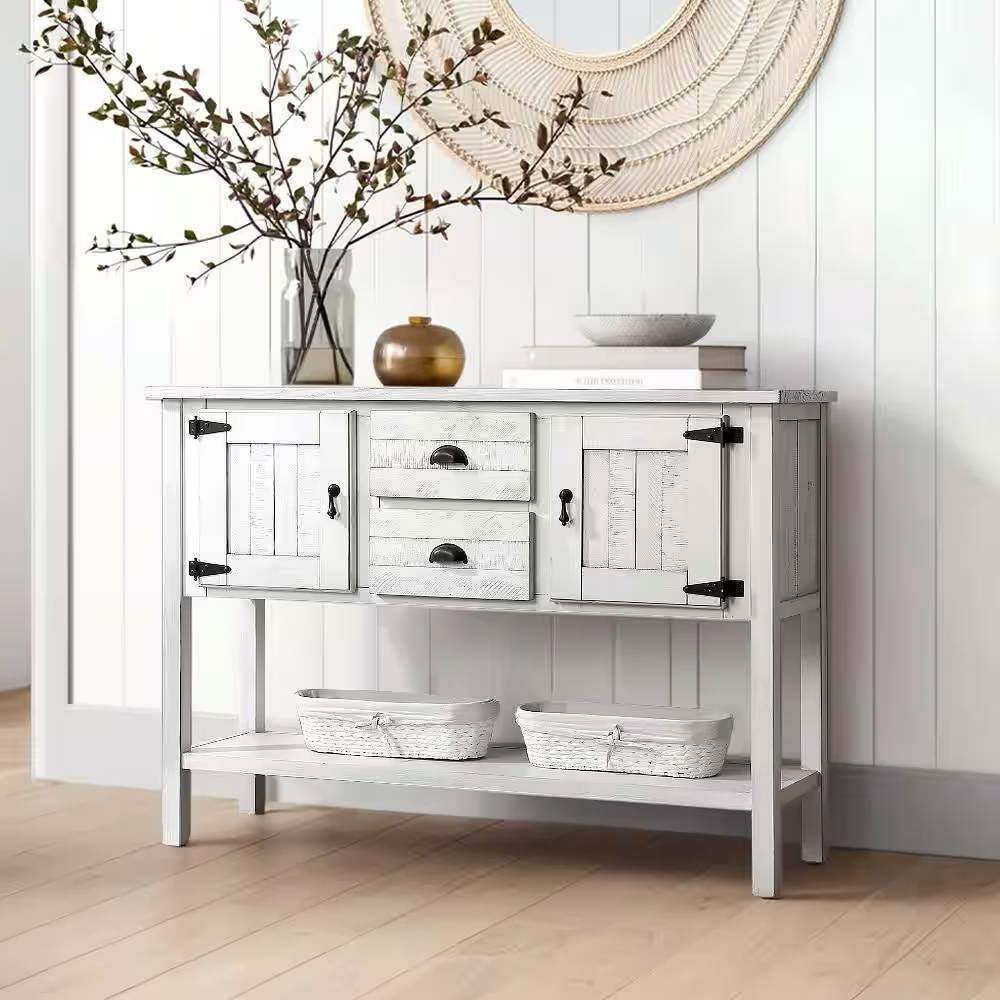 Farmhouse Solid Wood Sofa Table with Storage Drawers in Rustic White Finish — Chic Home-Decor