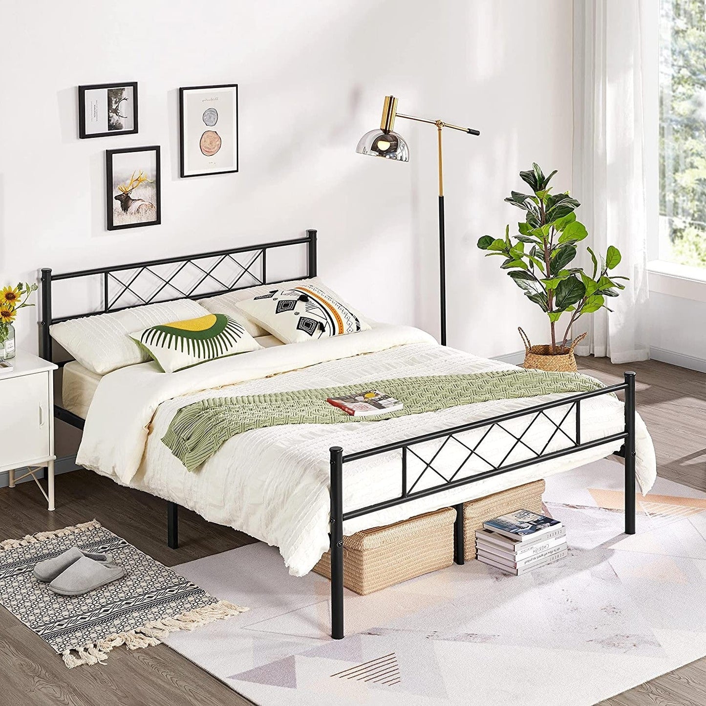 Queen Size Traditional Powder Coated Slatted Metal Platform Bed — Chic Home-Decor