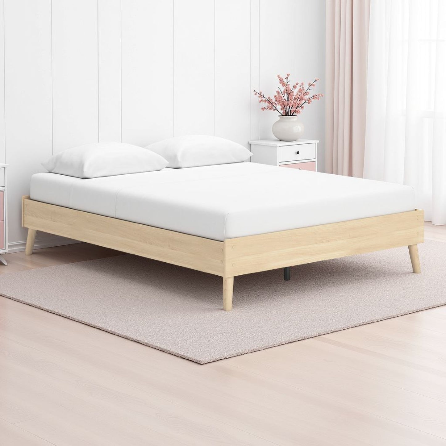 Abis Full Platform Bed, Natural Brown Wood, Low Profile Tapered Legs