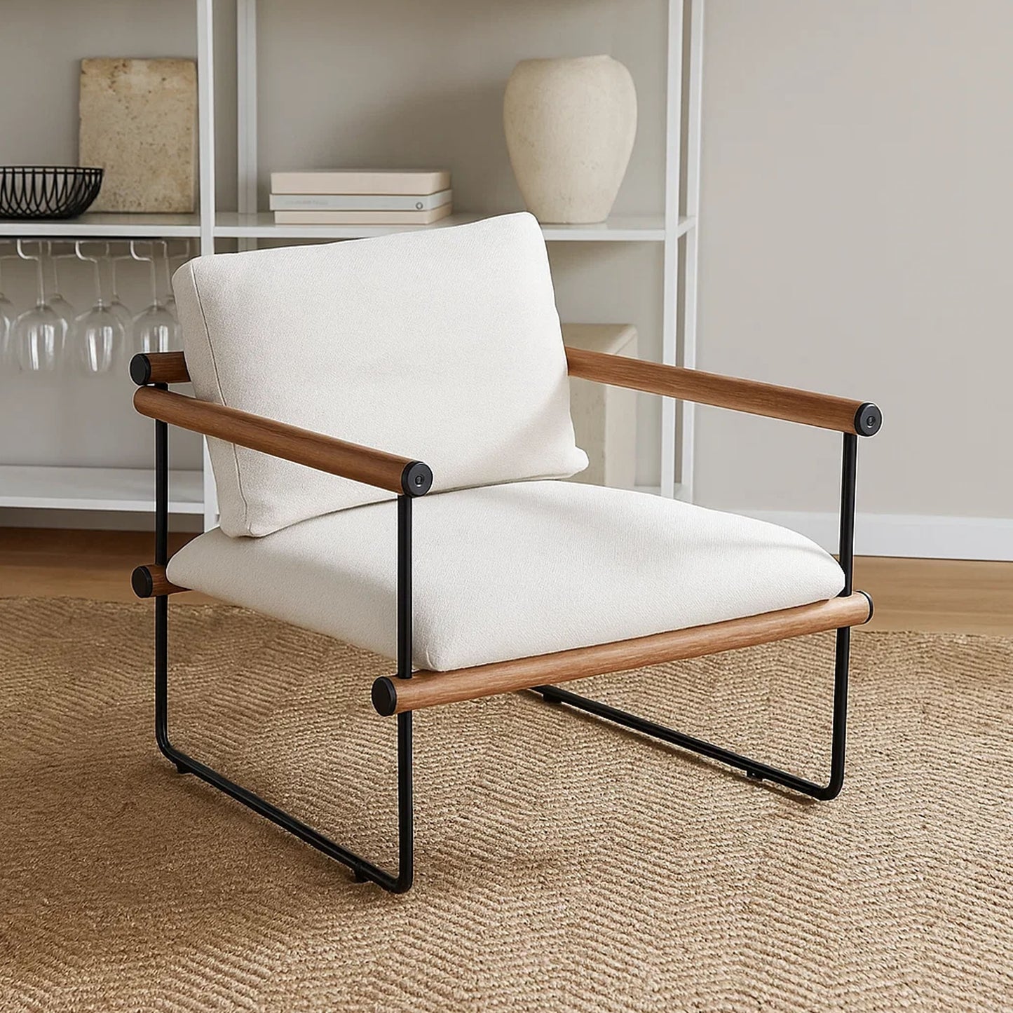 Accent Armchair, Brown Solid Wood Armrests, 31 Inch, Cream Fabric Seat