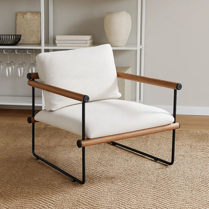 Accent Armchair, Brown Solid Wood Armrests, 31 Inch, Cream Fabric Seat