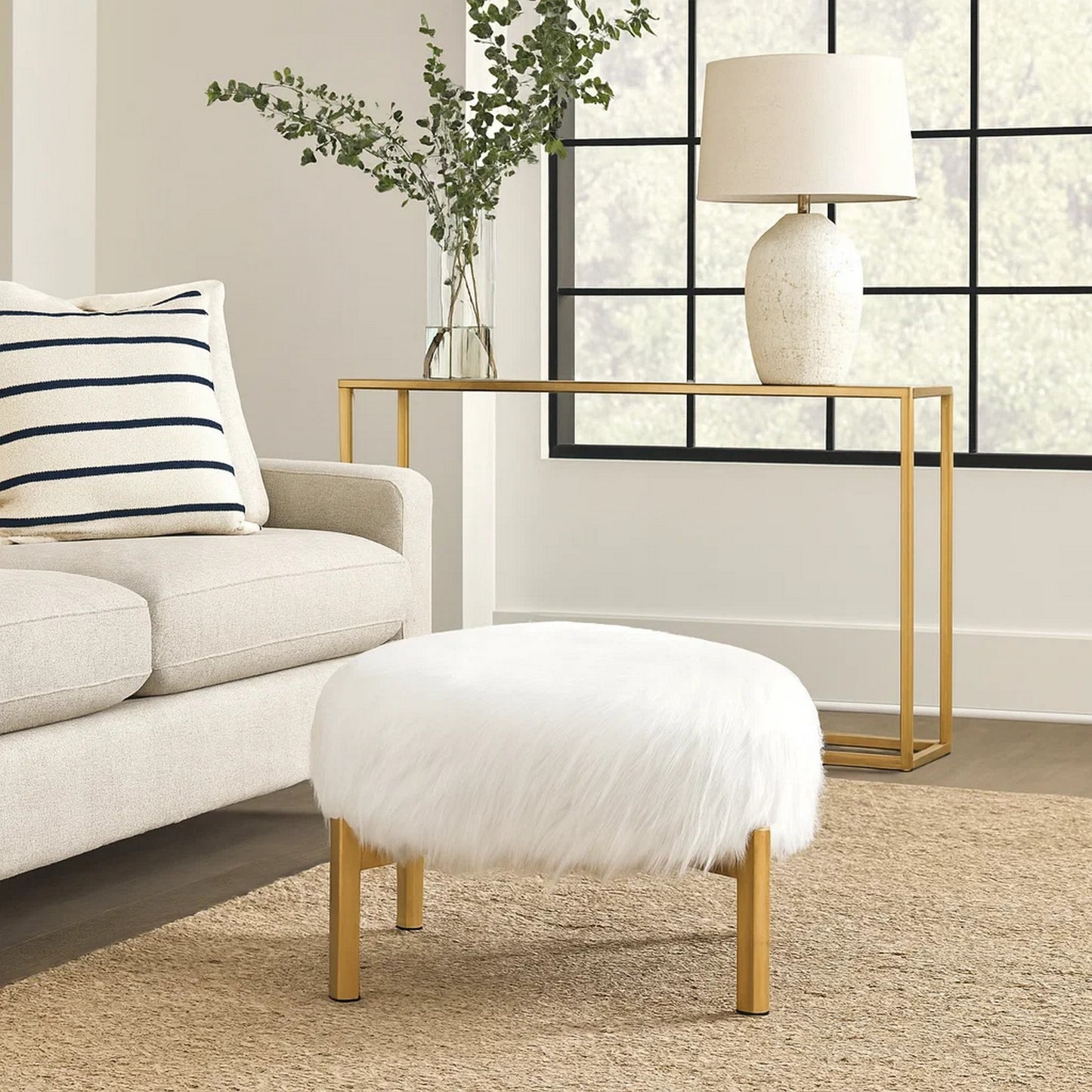 Accent Ottoman, Fur-Like Texture, 21 Inch White Fabric Upholstery