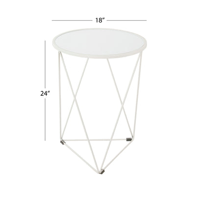 Accent Table, 18 Inch, Round Mirror Top and Open White Metal Base
