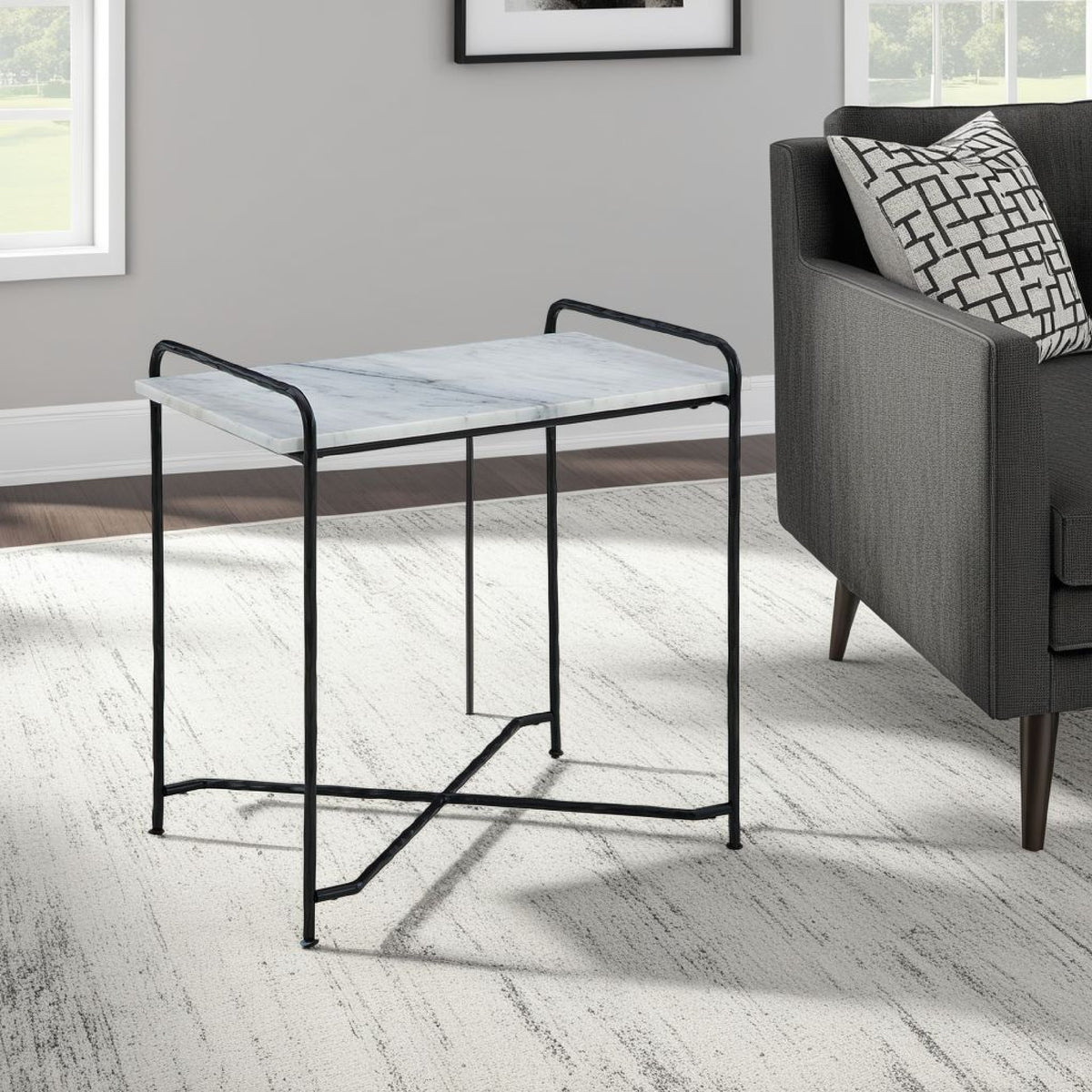 Accent Table, 22 Inch White Marble Top, Industrial Black Metal Legs