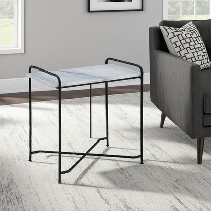 Accent Table, 22 Inch White Marble Top, Industrial Black Metal Legs
