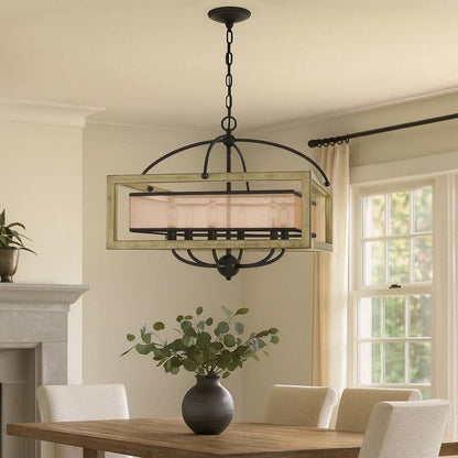 Acia 24 Inch Chandelier, Square Organza Shade, Wood, Metal