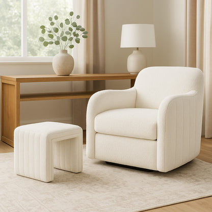 Ada Footstool Ottoman, Channel Tufted Cream White Boucle, 19 Inch