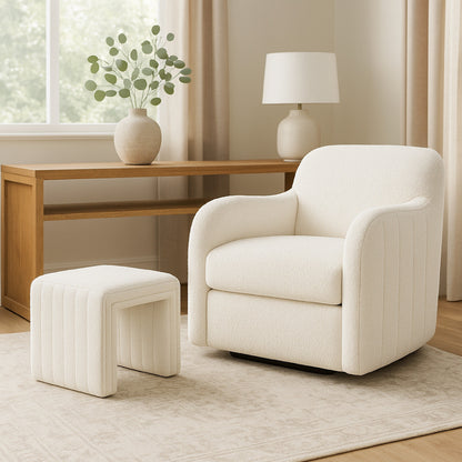 Ada Footstool Ottoman, Channel Tufted Taupe Boucle, 19 Inch – White