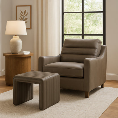 Ada Footstool Ottoman, Channel Tufted Brown Faux Leather, 19 Inch