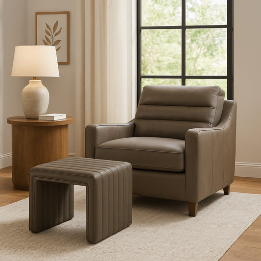 Ada Footstool Ottoman, Channel Tufted Brown Faux Leather, 19 Inch