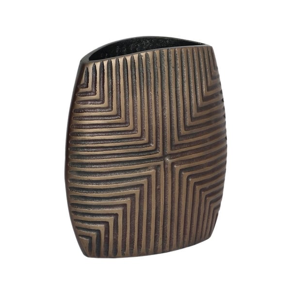 Ako 10 Inch Vase, Modern, Ribbed Body Design, Curved Top, Antique Brass