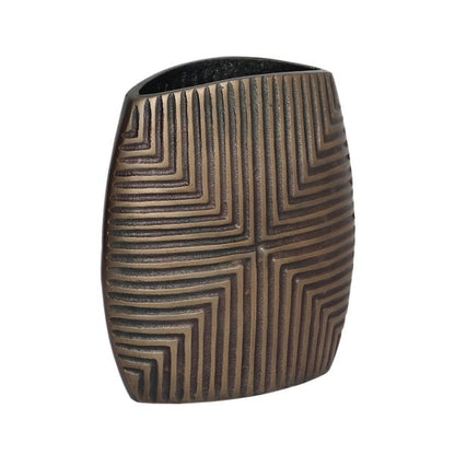 Ako 10 Inch Vase, Modern, Ribbed Body Design, Curved Top, Antique Brass