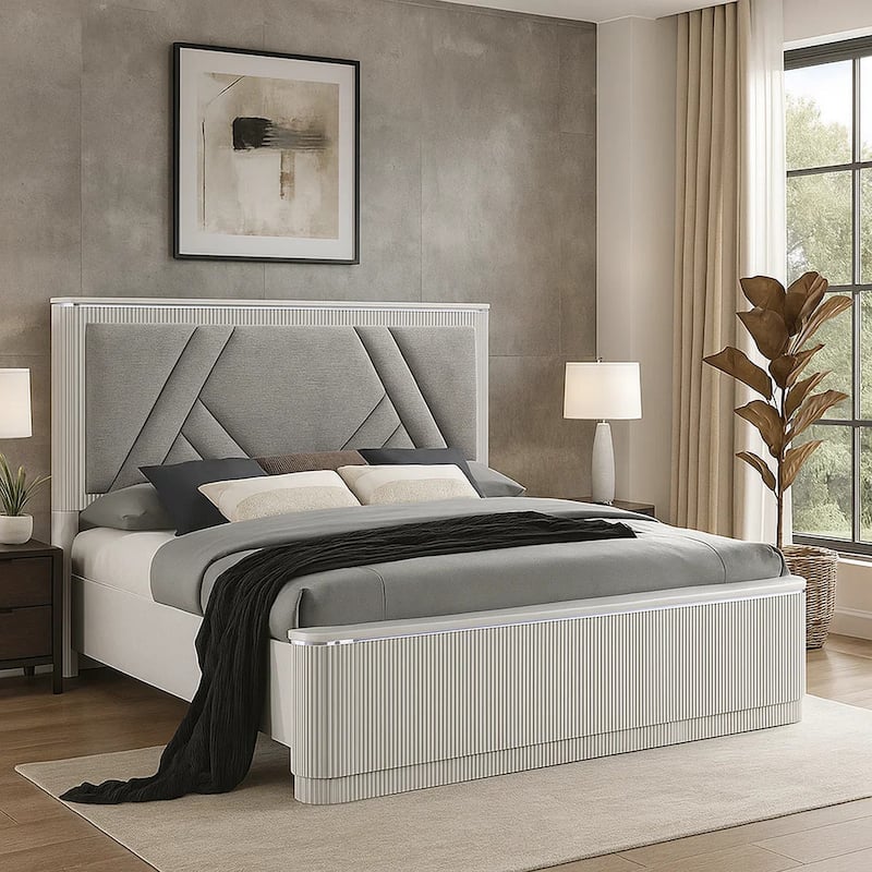 Alda Queen Bed, Upholstered Geometric Headboard, Light Gray Reeded Wood