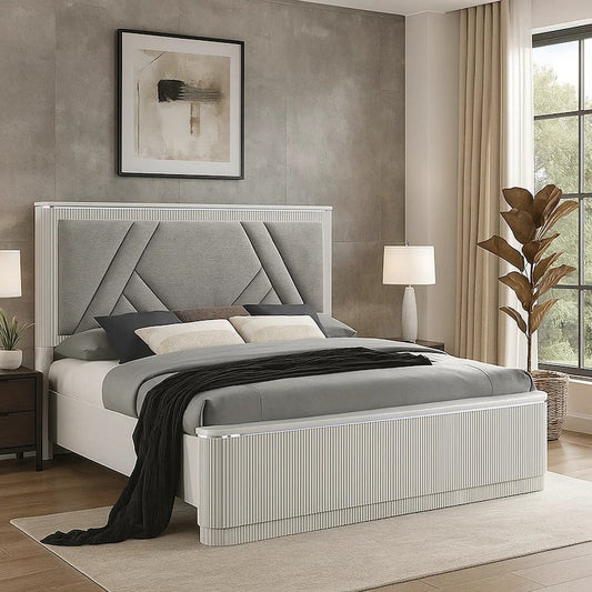 Alda Queen Bed, Upholstered Geometric Headboard, Light Gray Reeded Wood