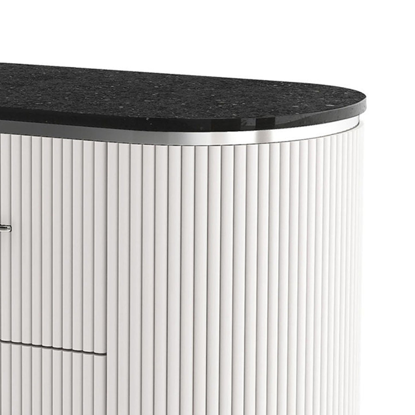 Alda Nightstand w 2 Drawers, Black Stone Top, Light Gray Wood, Silver