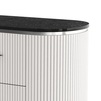Alda Nightstand w 2 Drawers, Black Stone Top, Light Gray Wood, Silver