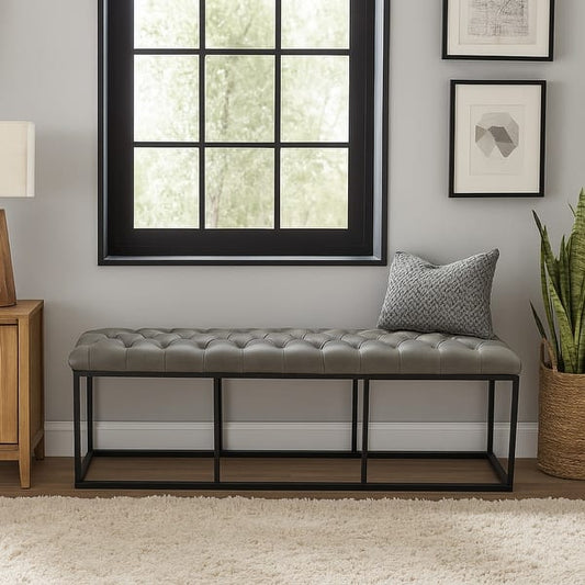 Ali Ottoman Bench, Open Metal Frame, Gray Tufted Faux Leather 52 Inch