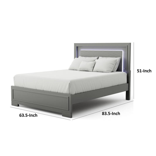 Aliso Queen Size Bed, LED Panel Headboard, Modern Metallic Gray