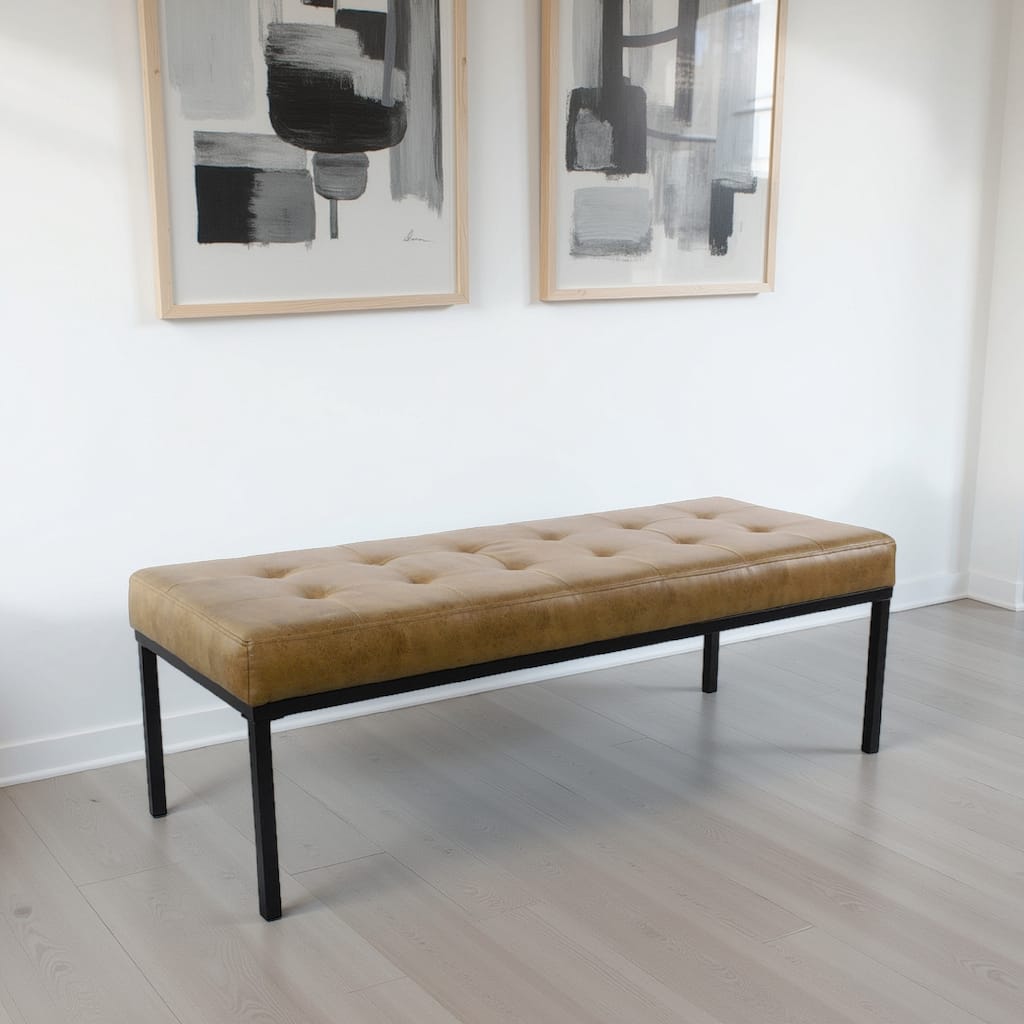 Kai Bench, Open Metal Frame, Brown Channel Stitch Faux Leather 43 Inch