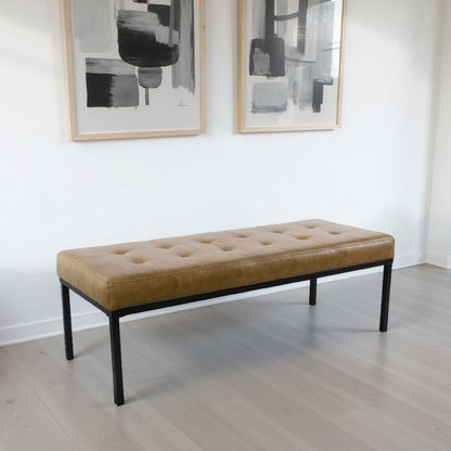Kai Bench, Open Metal Frame, Brown Channel Stitch Faux Leather 43 Inch