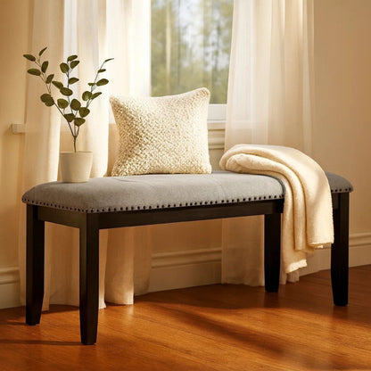Amber Dining Bench, Gray Fabric Seat w Nailheads, Black Wood, 48 Inch