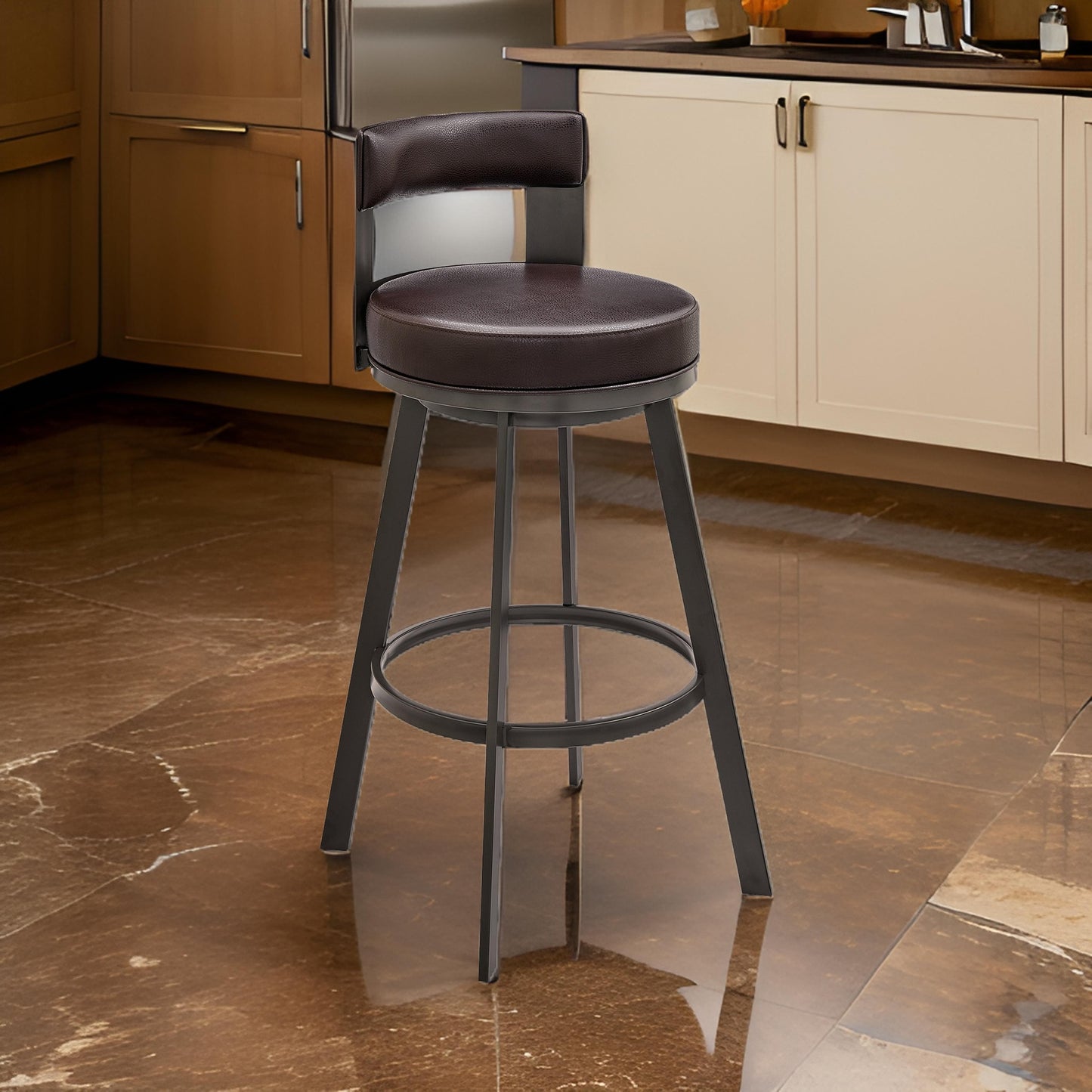 Ami 30 Inch Swivel Barstool Chair, Curved Open Back Brown Faux Leather