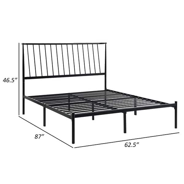 Angie Queen Bed, Platform Foundation, Slatted Headboard, Black Metal Frame