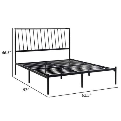 Angie Queen Bed, Platform Foundation, Slatted Headboard, Black Metal Frame