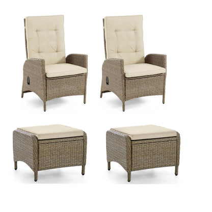 Ankia 4pc Outdoor Reclining Chair and Ottoman Set, Beige Brown Woven