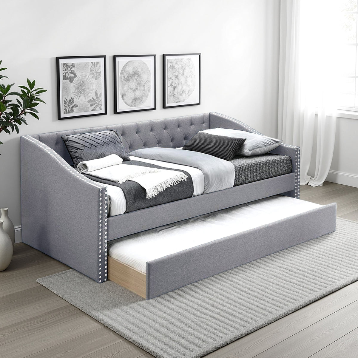 Edra Classic Upholstered Day Bed with Trundle, Tufted Charcoal Gray Burlap