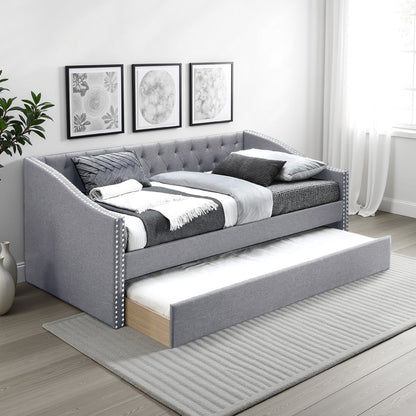 Edra Classic Upholstered Day Bed with Trundle, Tufted Charcoal Gray Burlap