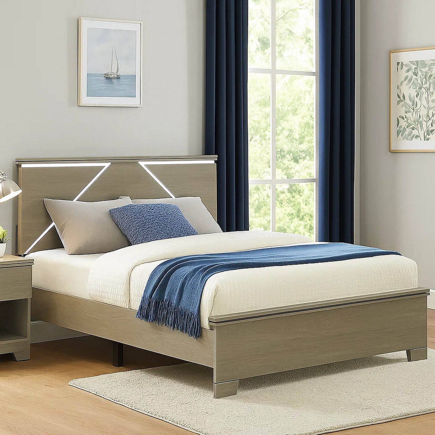 Anna Queen Bed, Panel Headboard with LED, Weathered Gray Wood, Modern Style