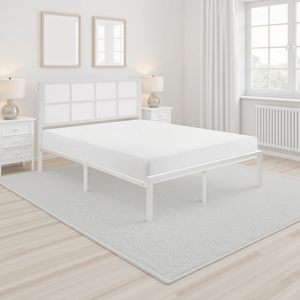 Annie King Platform Metal Bed, White Faux Cane Panel Headboard, Low Profile