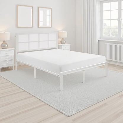 Annie King Platform Metal Bed, White Faux Cane Panel Headboard, Low Profile