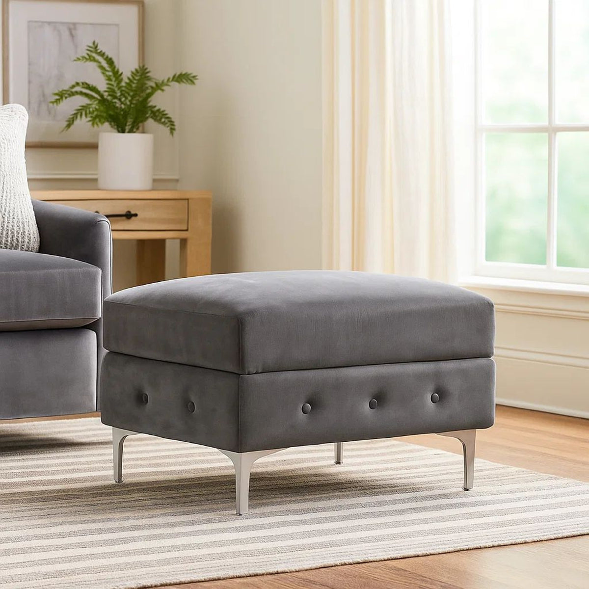 Anzo 32 Inch Square Ottoman, Button Tufting, Chrome Plated Steel Legs, Gray