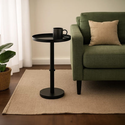 Ara 22 Inch Side End Table, Vintage Sleek Pillar Base, Round Tray Top, Matte Black