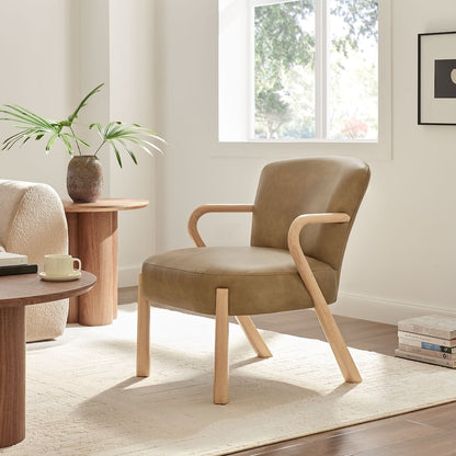 Aly 31 Inch Accent Chair Armchair, Gray Faux Leather, Brown Solid Wood