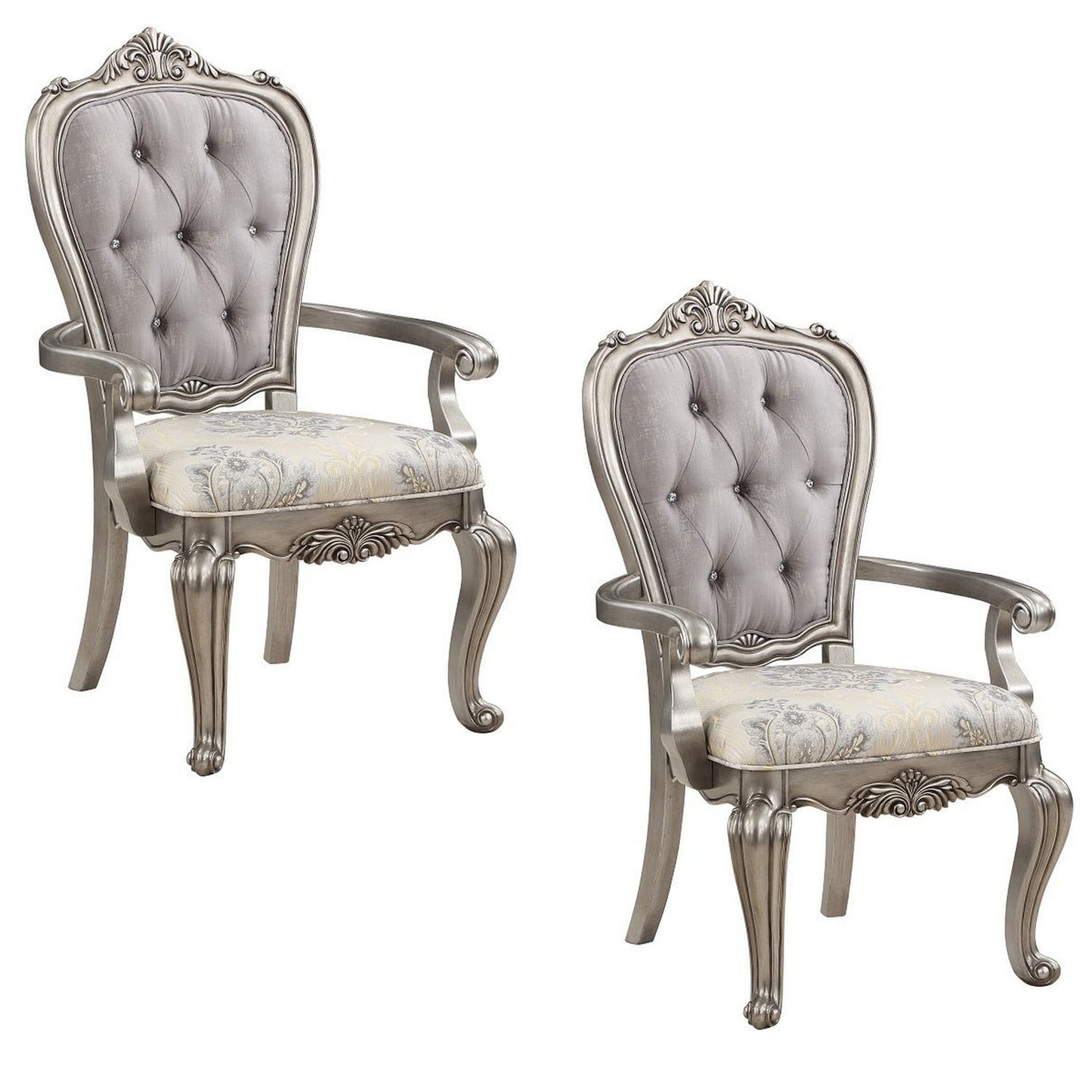 Aria 27 Inch Dining Armchair Set of 2, Plush Velvet, Antique Platinum Tone