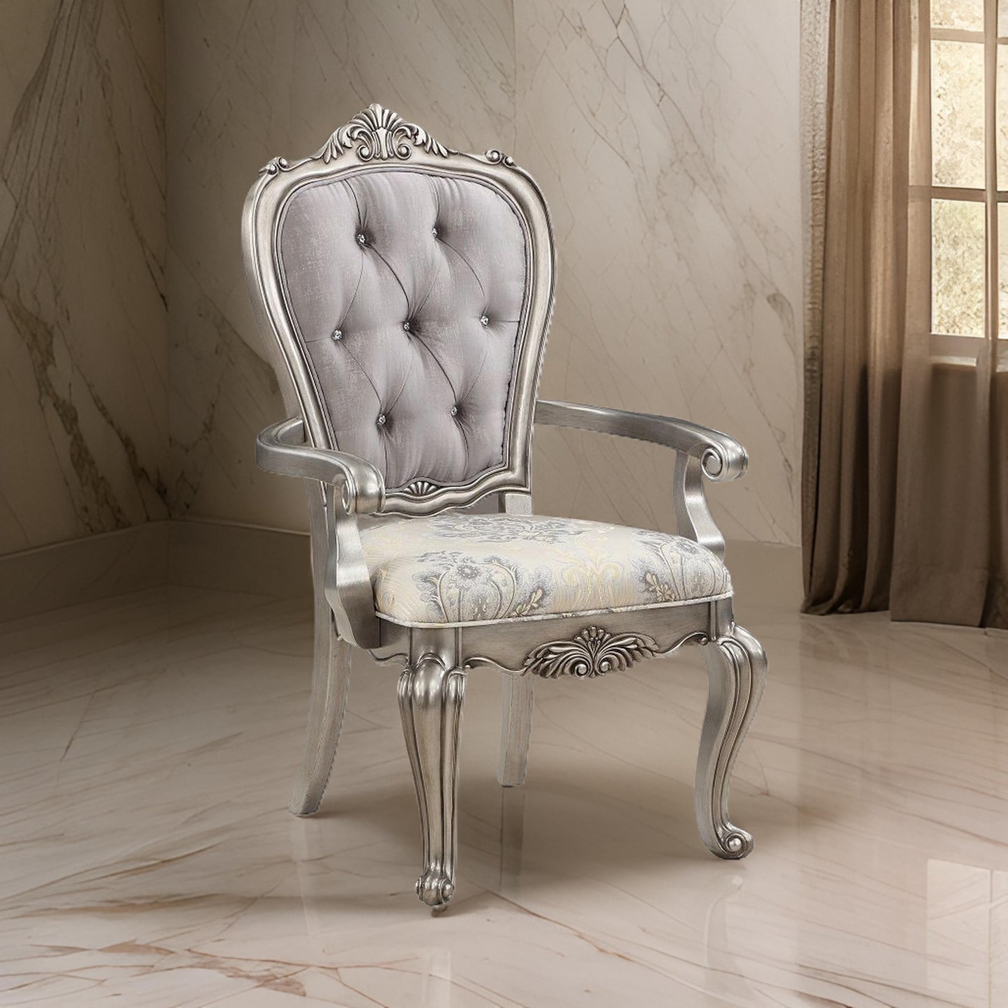 Aria 27 Inch Dining Armchair Set of 2, Plush Velvet, Antique Platinum Tone