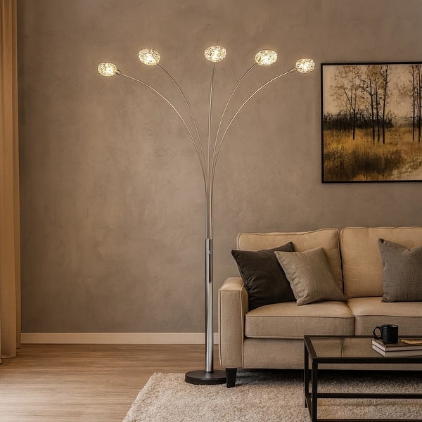 Arya 94 Inch 5 Light Arc Floor Lamp, Crystal Accents, Modern Style, Chrome