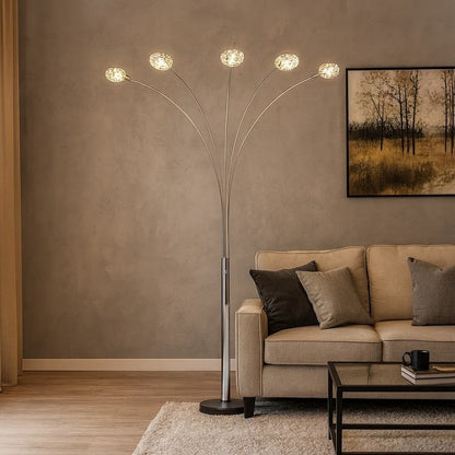 Arya 94 Inch 5 Light Arc Floor Lamp, Crystal Accents, Modern Style, Chrome